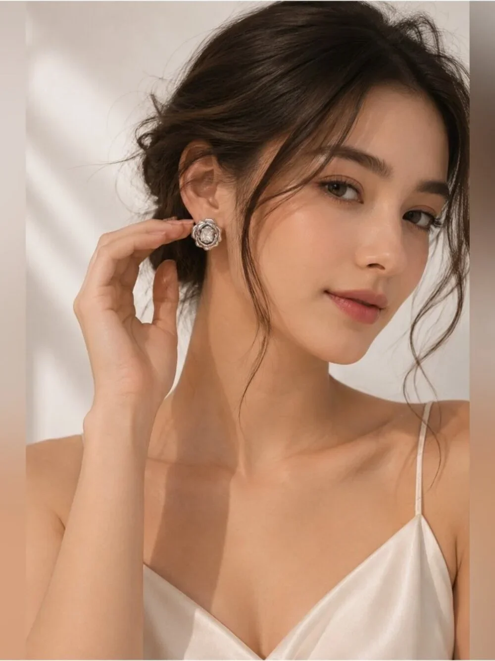 Silver Rose Stud Earrings with Clear Square Crystal - Women Jewelry